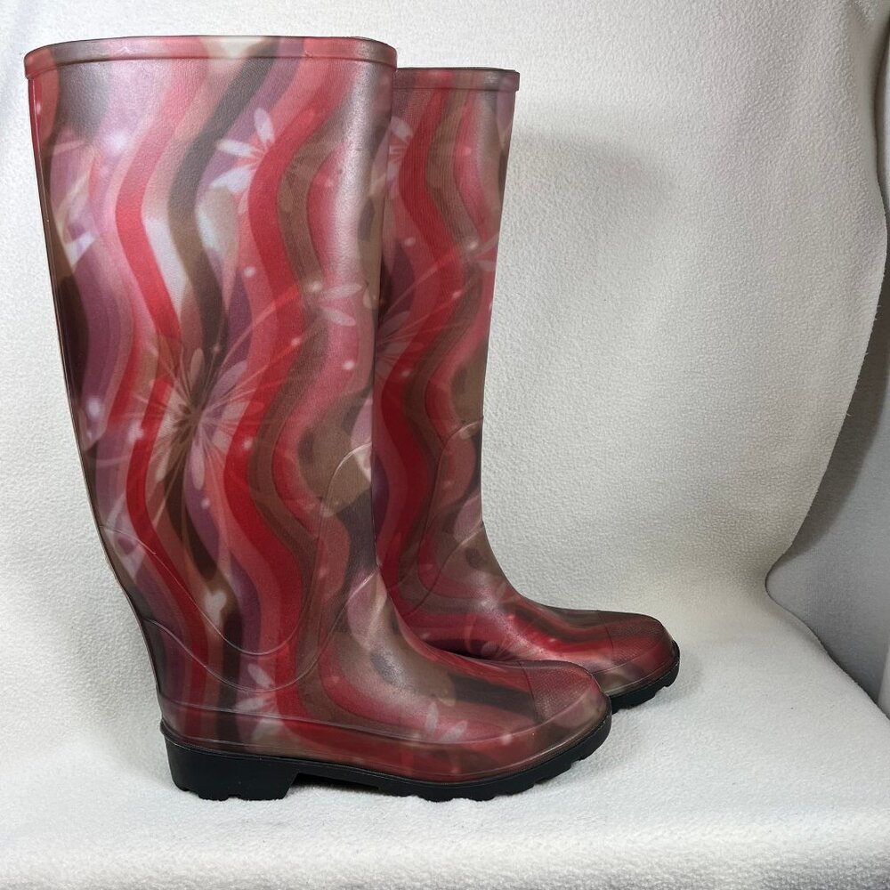 Women Rain Boots Red Multicolor Waterproof Slip Oil Resistant Made in USA Size 9